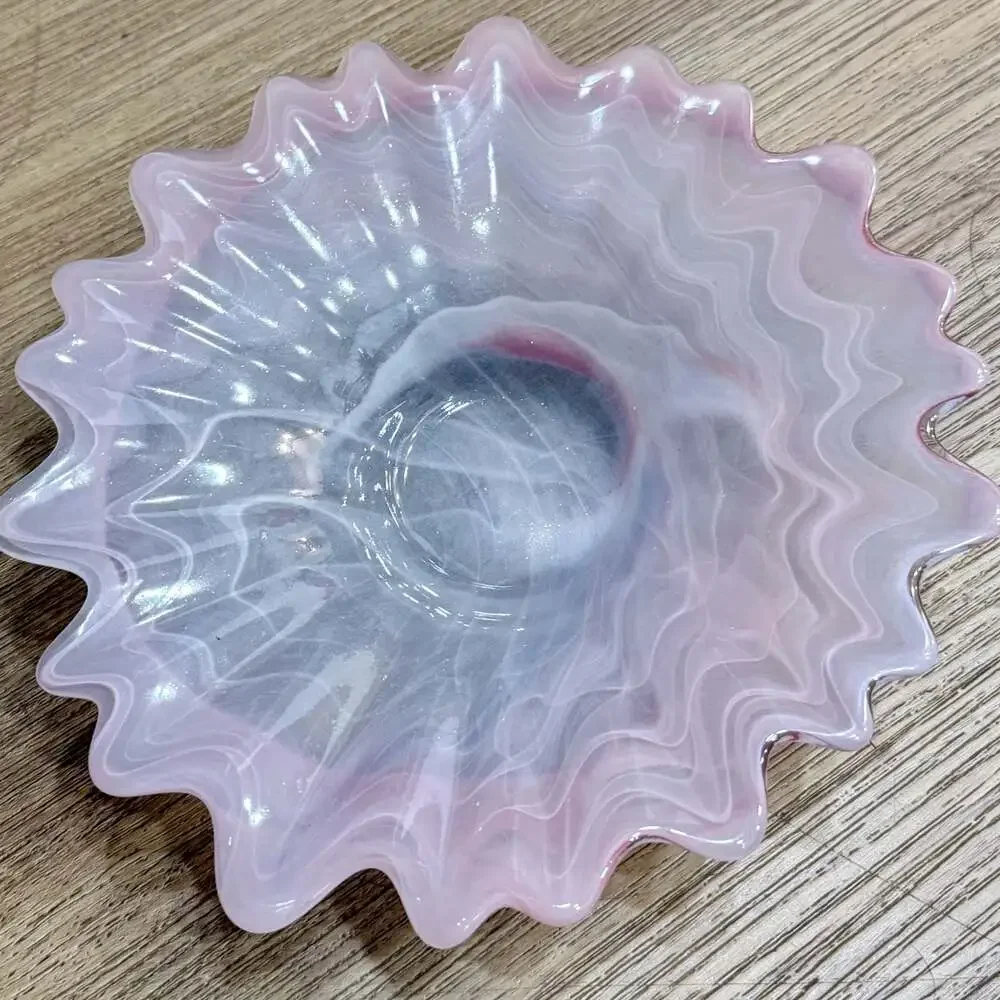 Vintage Italian Pink and White Swirled Art Glass Ruffled Scalloped Bowl